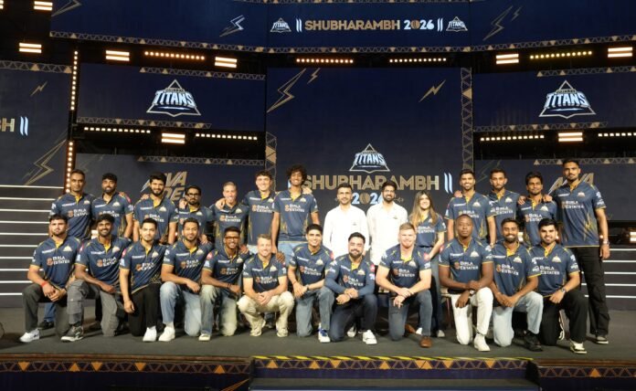 Gujarat Titans squad pose along with owners and partners during Shubharambh 2026