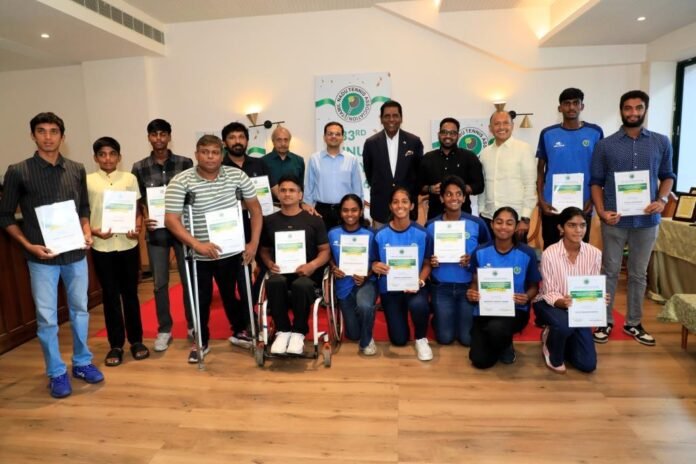 Left to Right - B. Venkatesh Hon Secretary TNTA, Vijay Sankar, Vice-President TNTA, Vijay Amritraj, President - TNTA, J. Meganatha Reddy I.A.S. Member Secretary of SDAT & Vivek Reddy, Hon.Treasurer,TNTA
